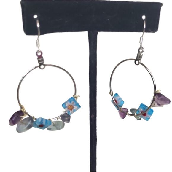 Fluorite Millefiori Lampwork Glass Beads Hoop Earrings - Picture 2 of 5